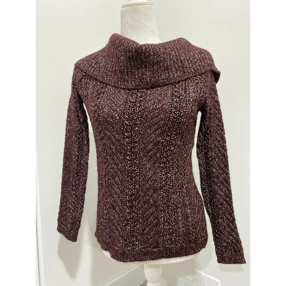 White House Black Market WHBM Purple Burgundy Over Shoulder Sweater